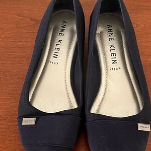 Anne Klein Navy Canvas Ballet Flats with Logo Plaque